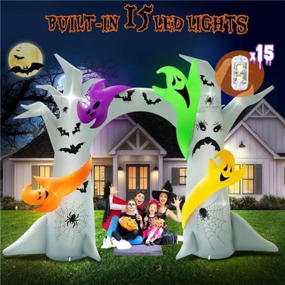 14FT Length X 10FT Tall Halloween Inflatable Tree Arch with 4 Colorful Ghosts, - Picture 4 of 7